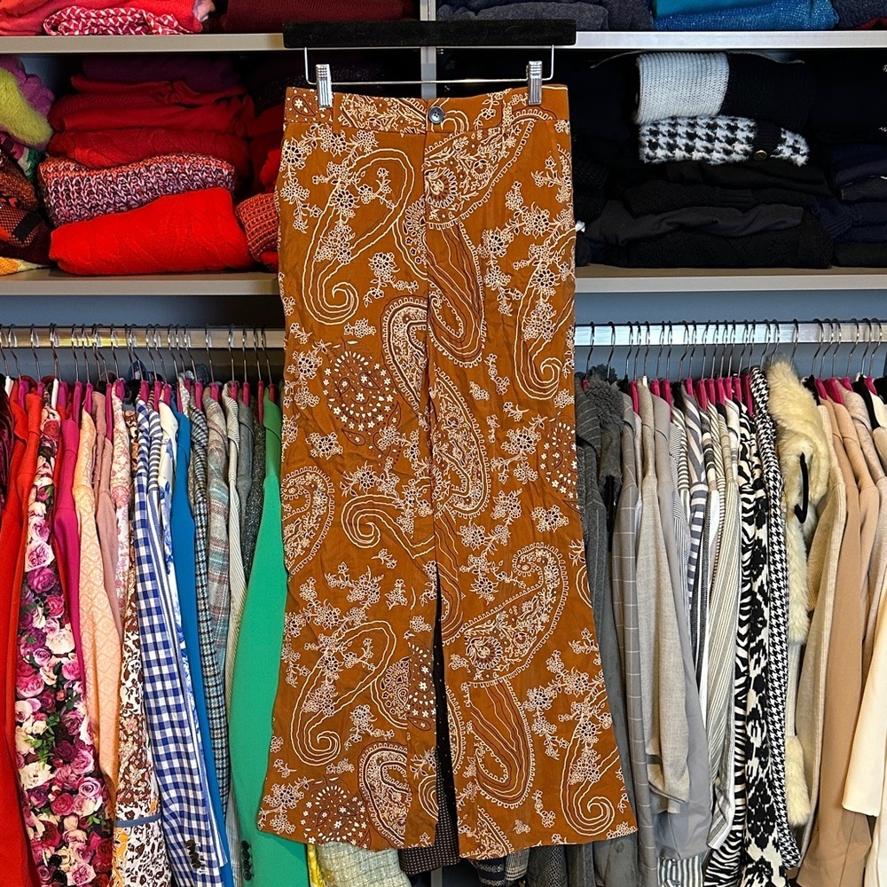 Zara 100% cupro brown/white paisley/floral print flare leg pants size S
